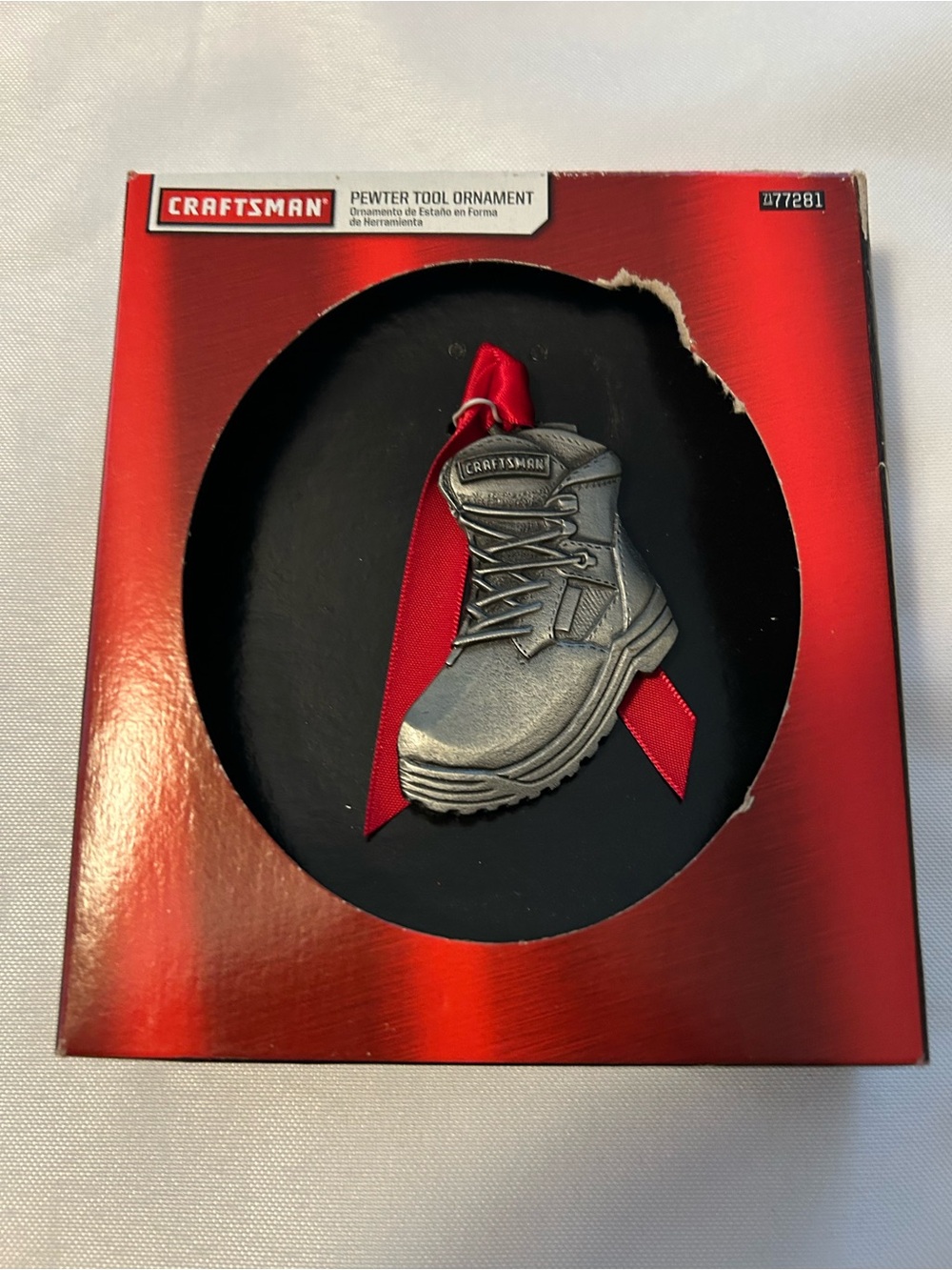 Craftsman Pewter Work boot Holiday Christmas Ornament with Red Ribbon 2010 NIB